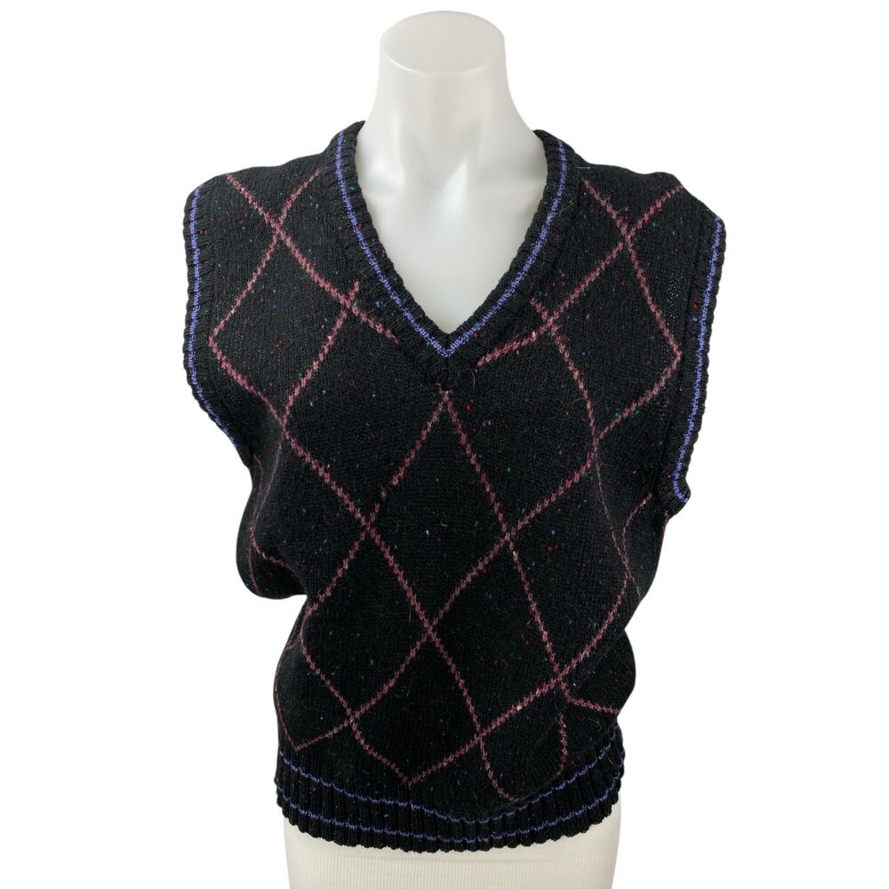 Colours 100% Wool Women's Black Argyle Sleeveless V Neck Sweater Vest Top Size M